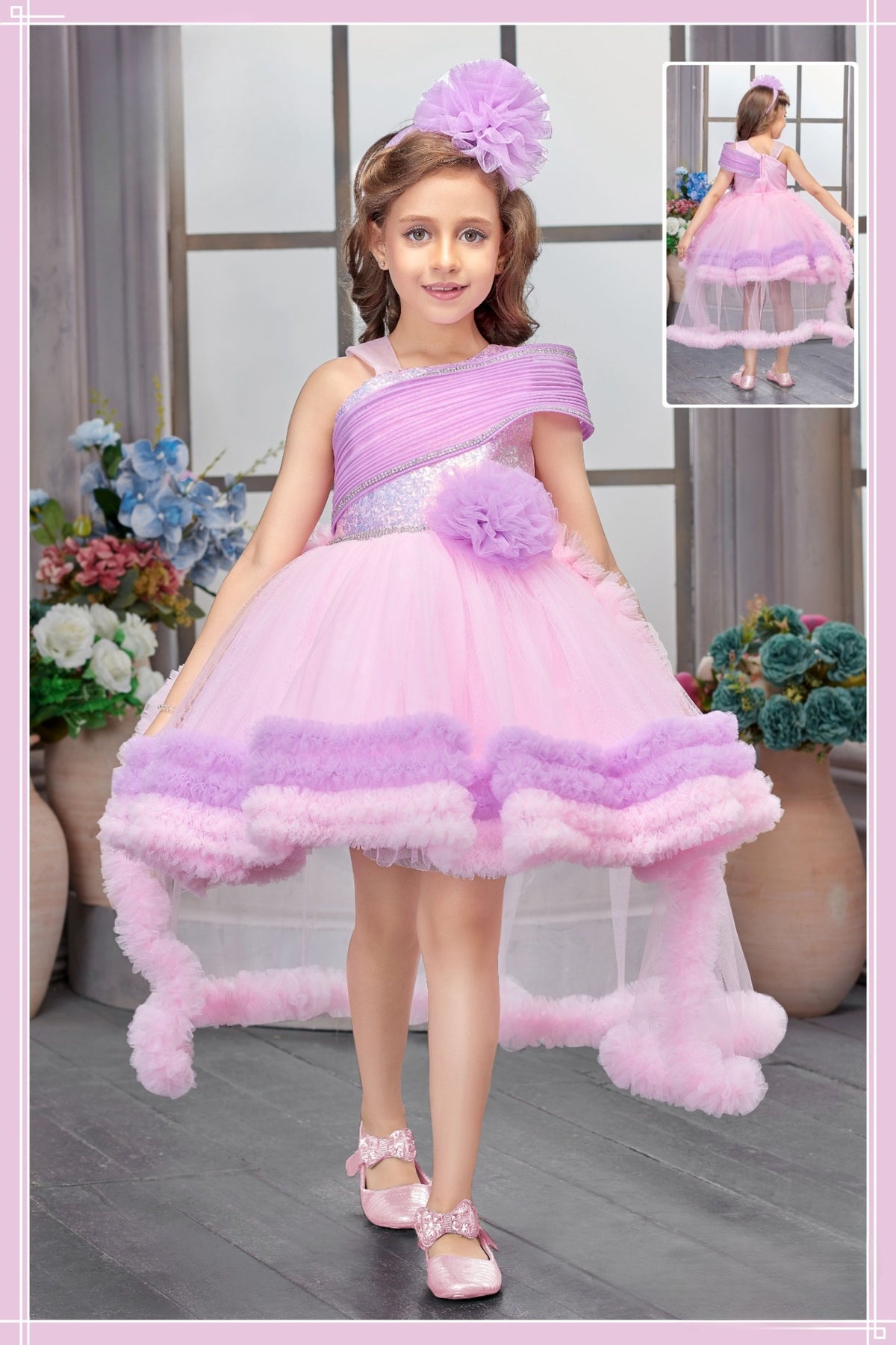Pink Lavender One-Shoulder Ruffle Princess Short Frock