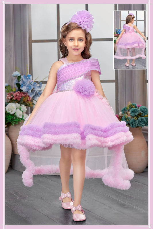 Pink Lavender One-Shoulder Ruffle Princess Short Frock