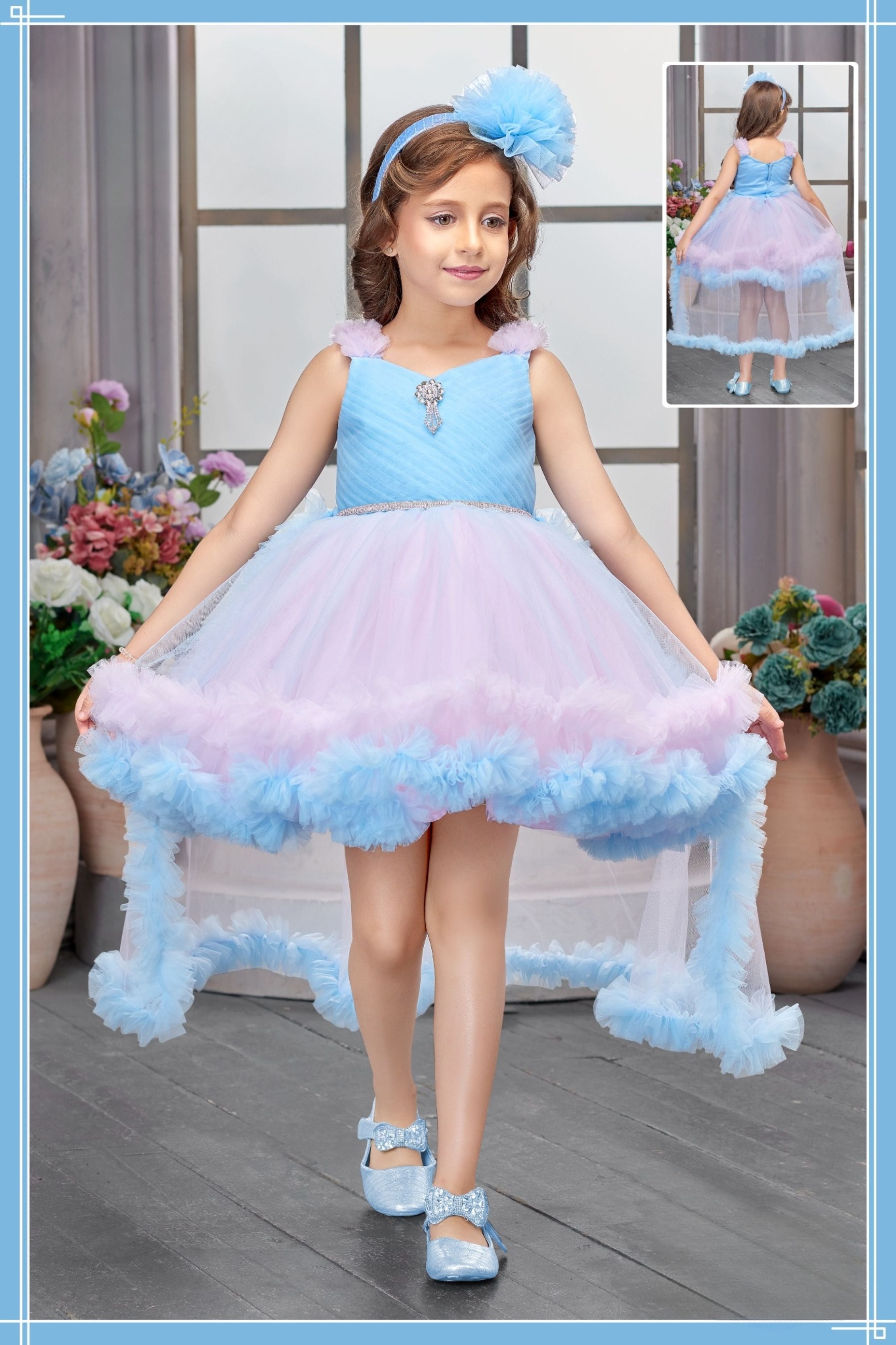 Sky Blue & Baby Pink High-Low Ruffle Princess Dress