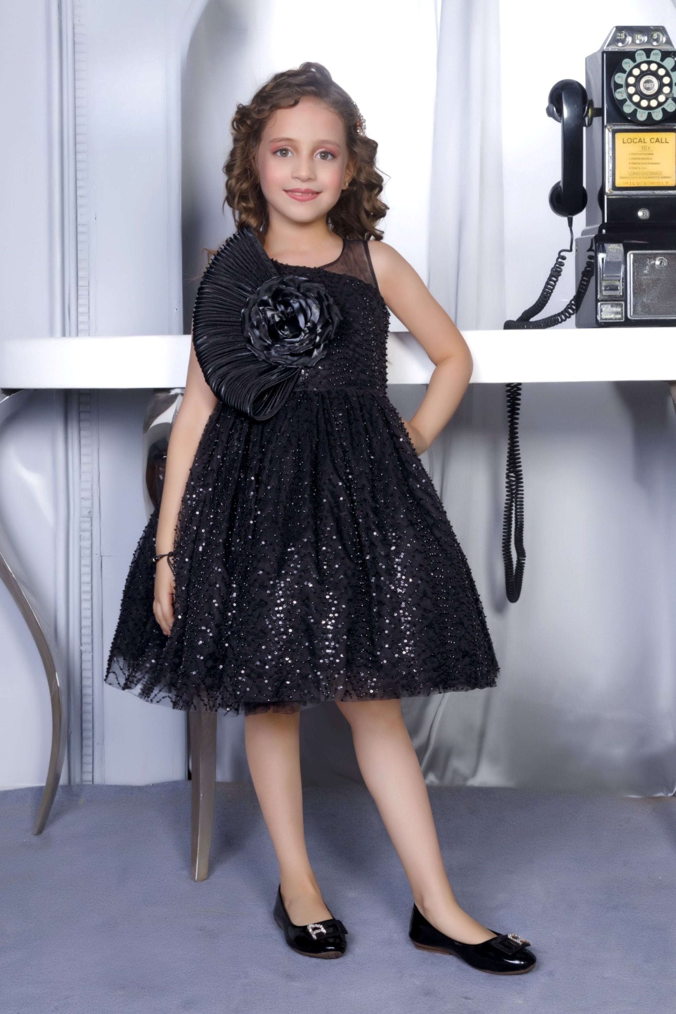 Midnight Black Couture Flower Applique Short Frock
