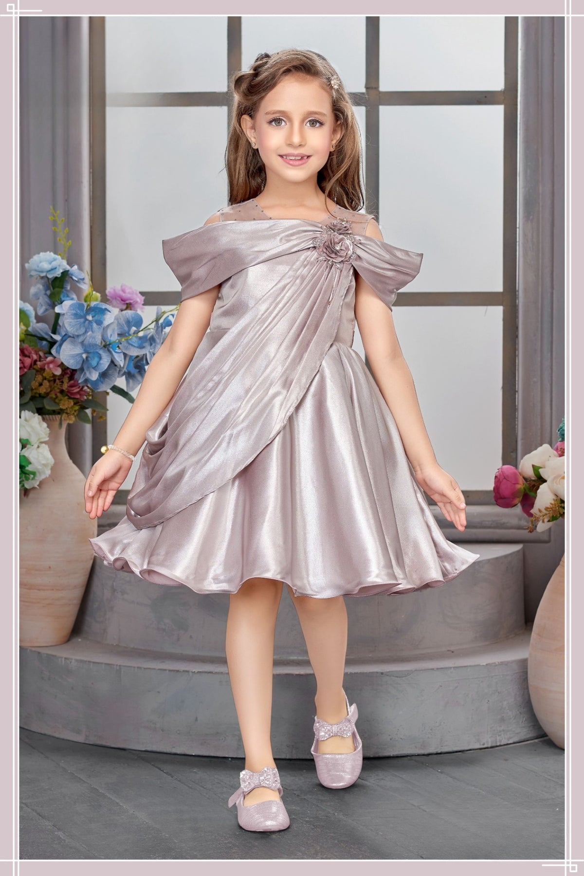 Champagne Pink Pleated Luxury Short Frock
