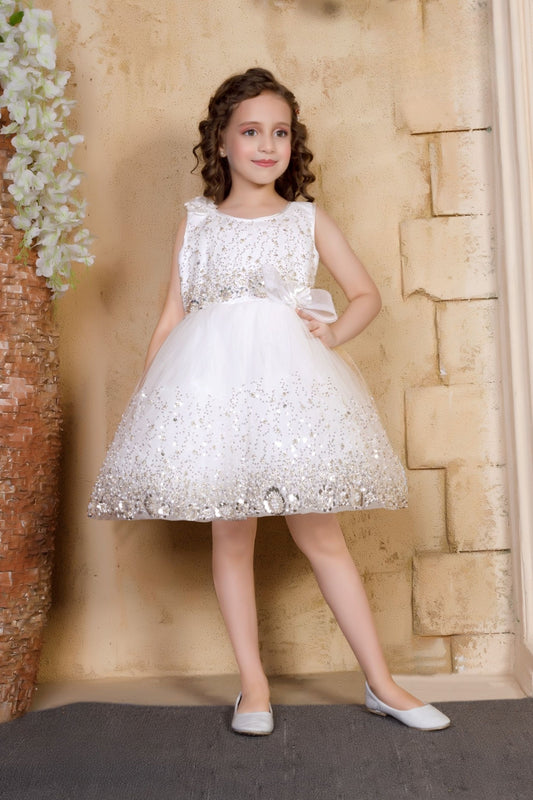 Pearl White Sequin Embellished Party Short Frock