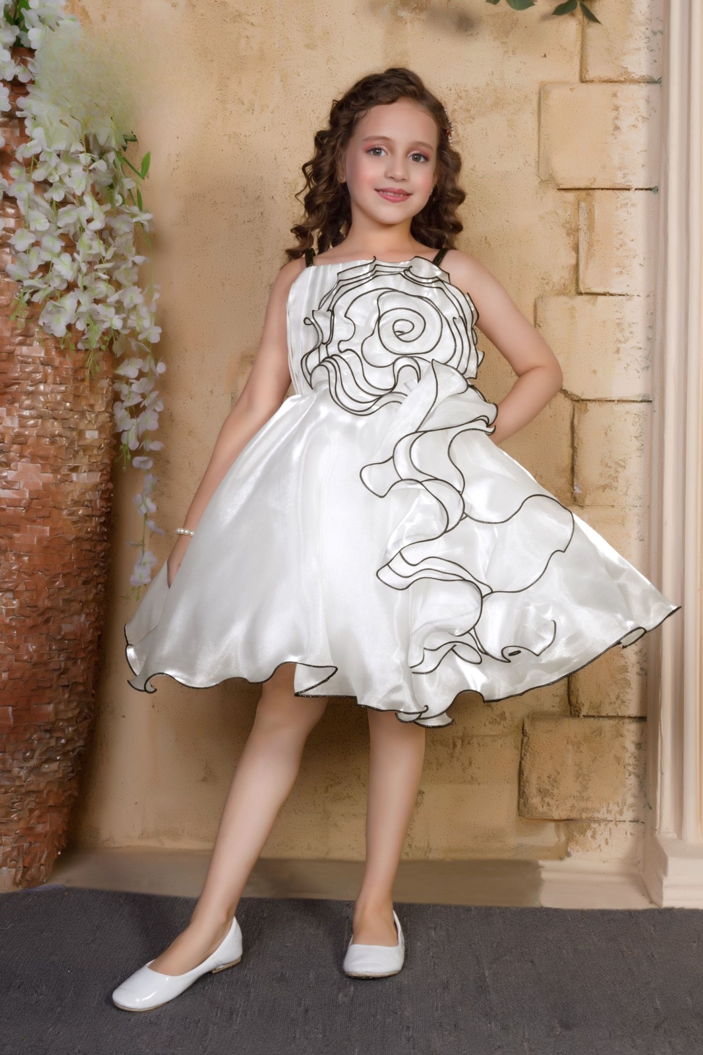 Pearl White Satin Swirl Designer Party Short frock