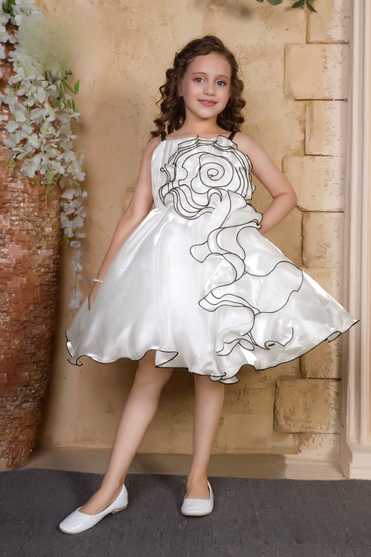 Pearl White Satin Swirl Designer Party Short frock