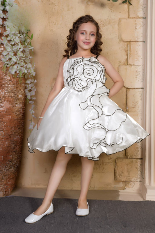 Pearl White Satin Swirl Designer Party Short frock