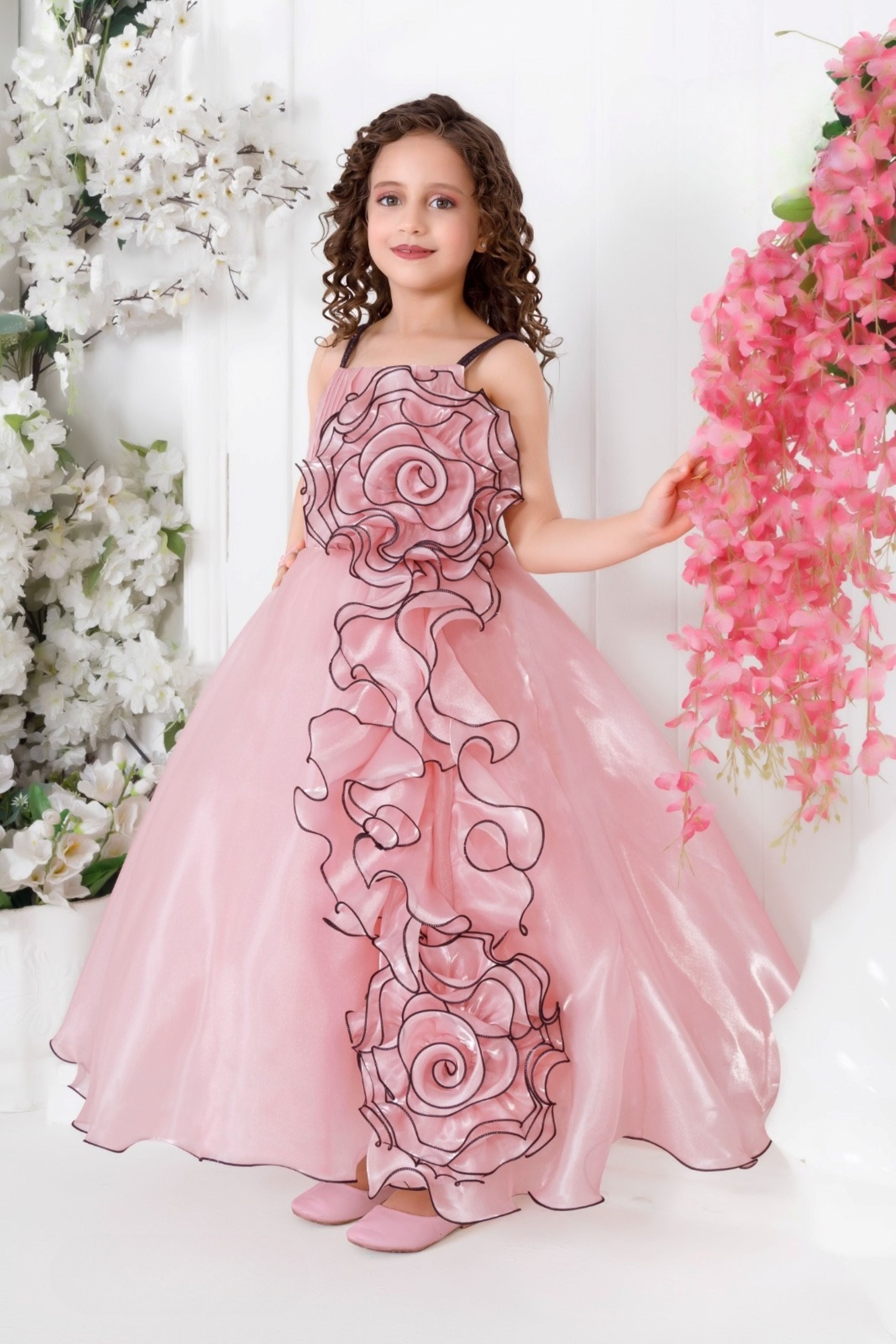 Blush Pink Swirl Designer Party Long Gown