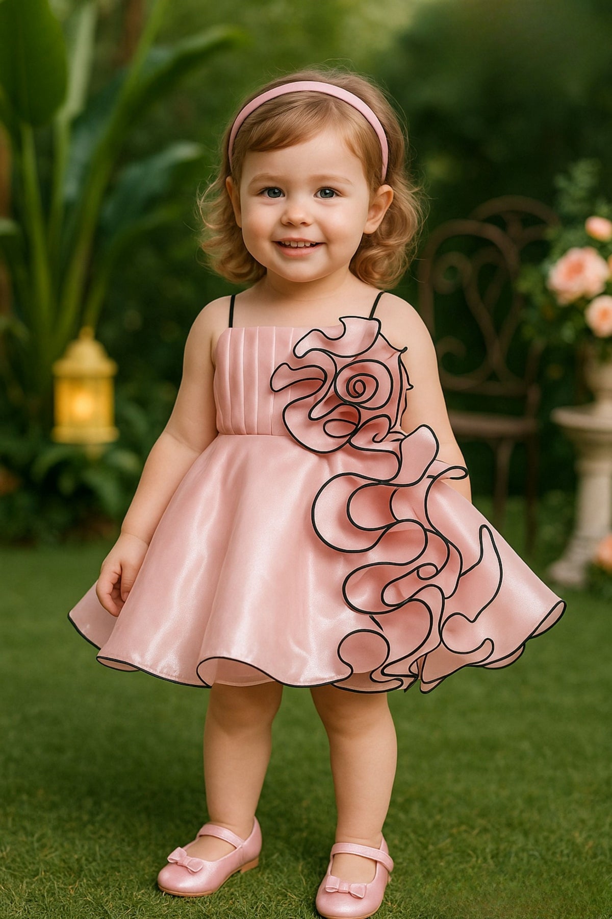 Peach Pink Swirl Designer Short Frock