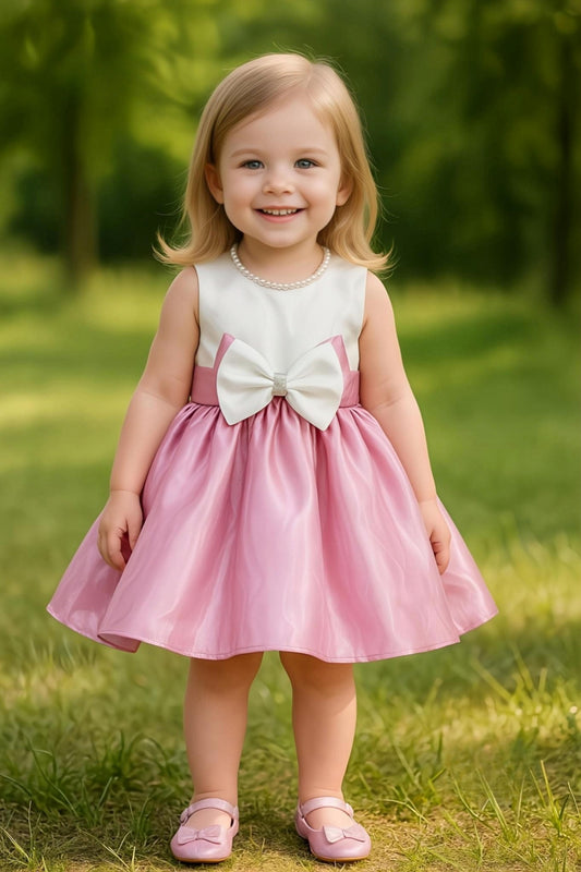 Baby Pink Pearl Bow Designer Short Frock