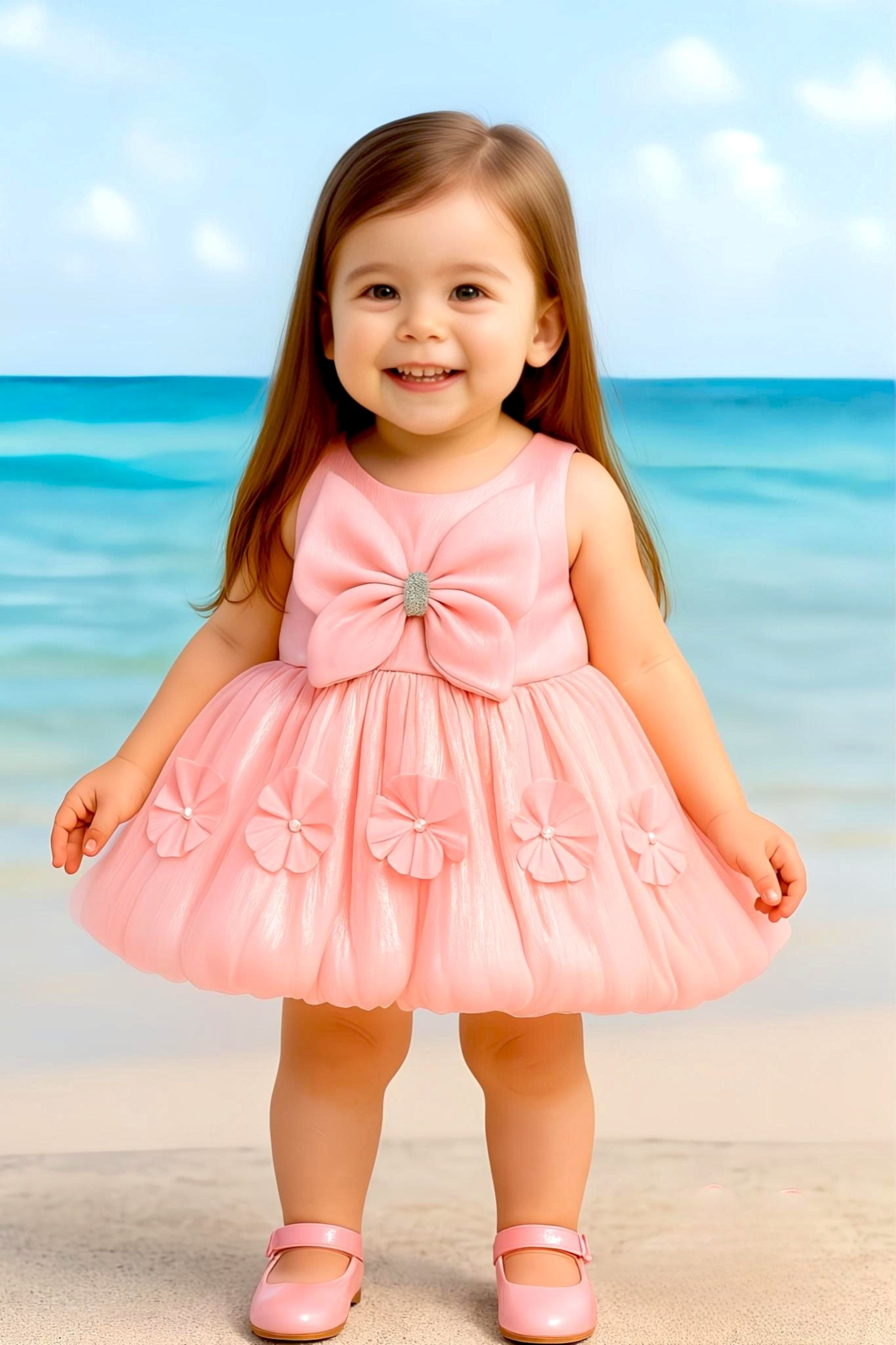 Soft Peach Floral Accent Balloon Short Frock