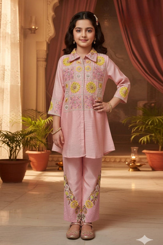 Blush Pink Floral Embroidered Kurti Pant Set