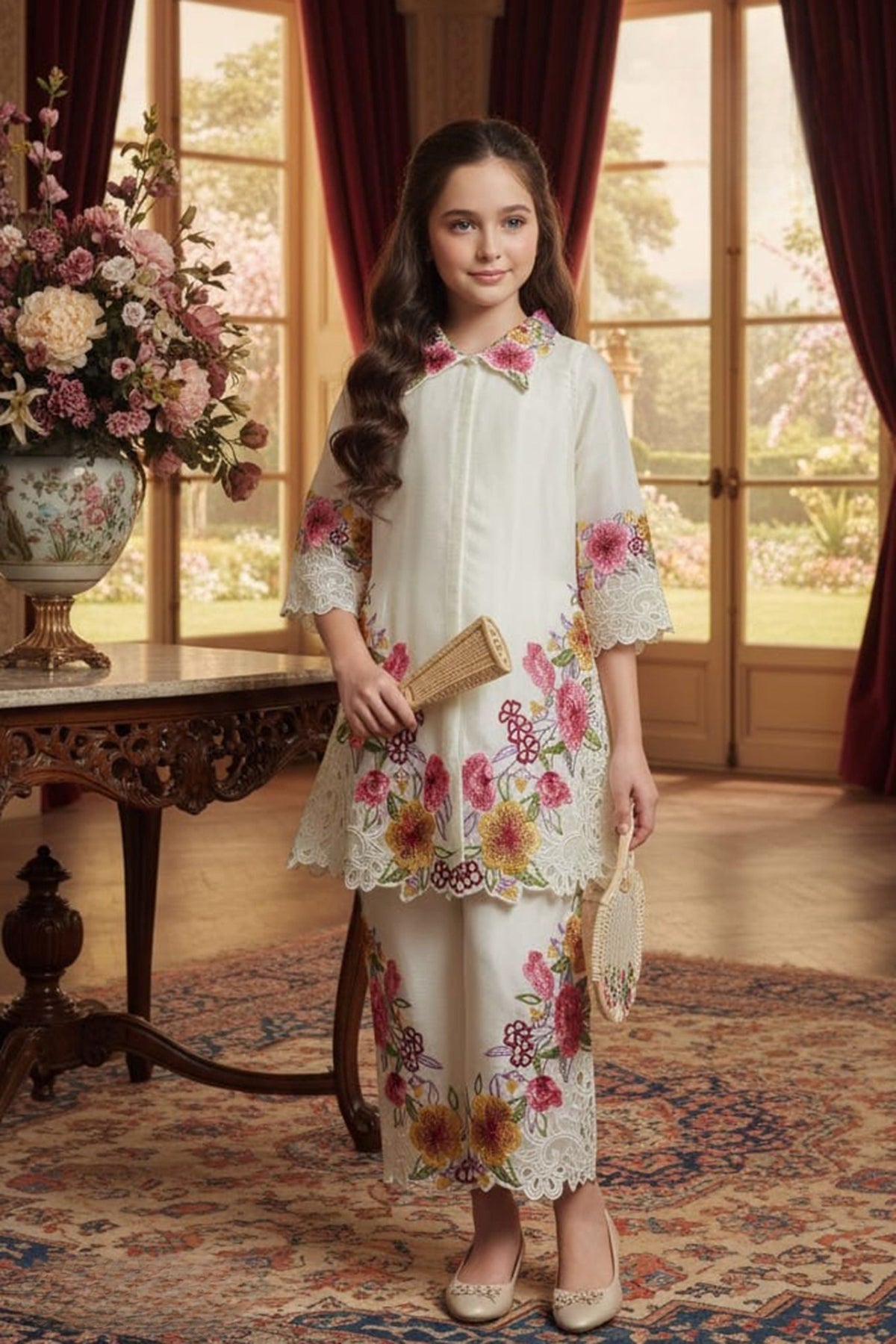 Onion Pink Floral Lace Embroidered Kurti Pant Set