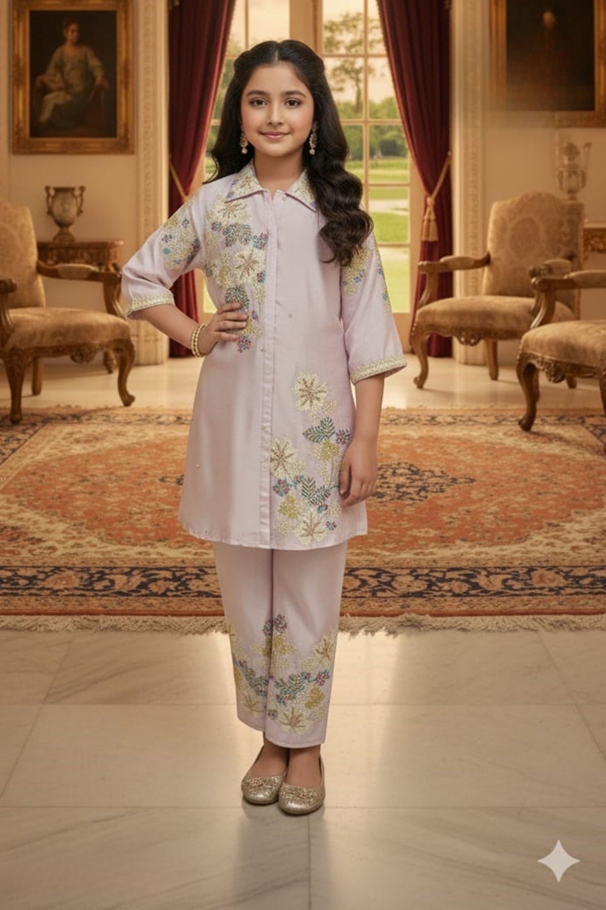 Soft Cream Floral Embroidered Kurti Pant Set