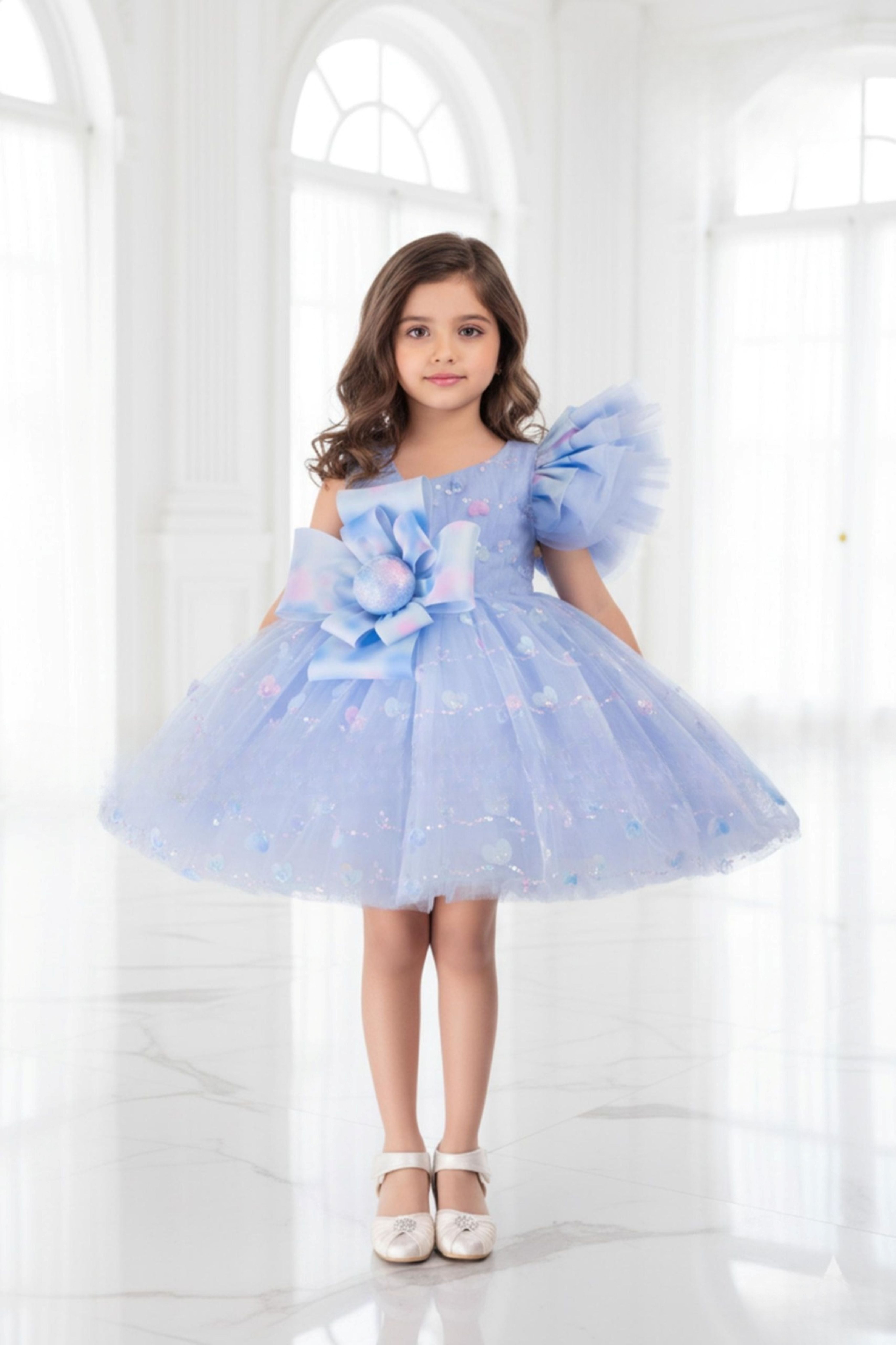 Ice Blue One-Shoulder Designer Princess Short  Frock