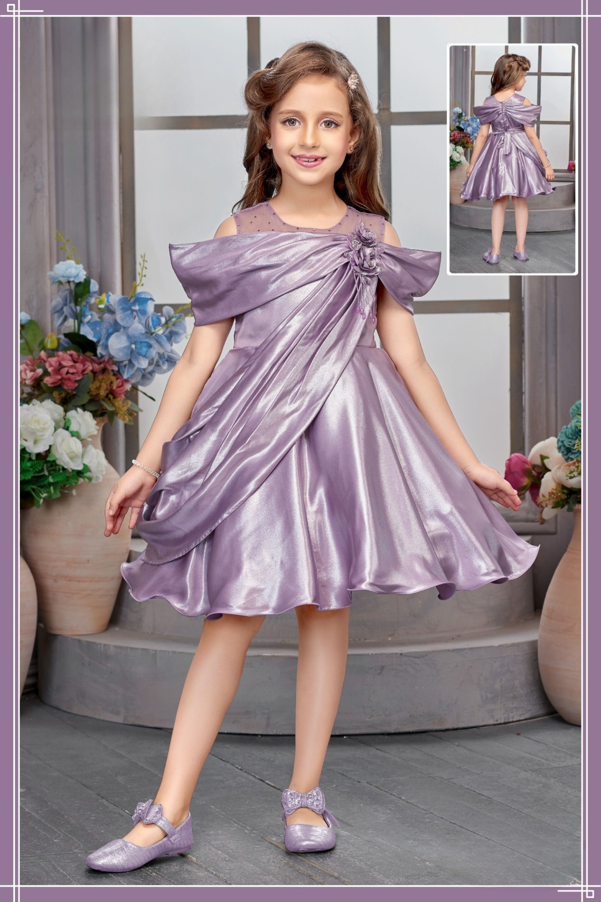 Champagne Purple Pleated Luxury Short Frock