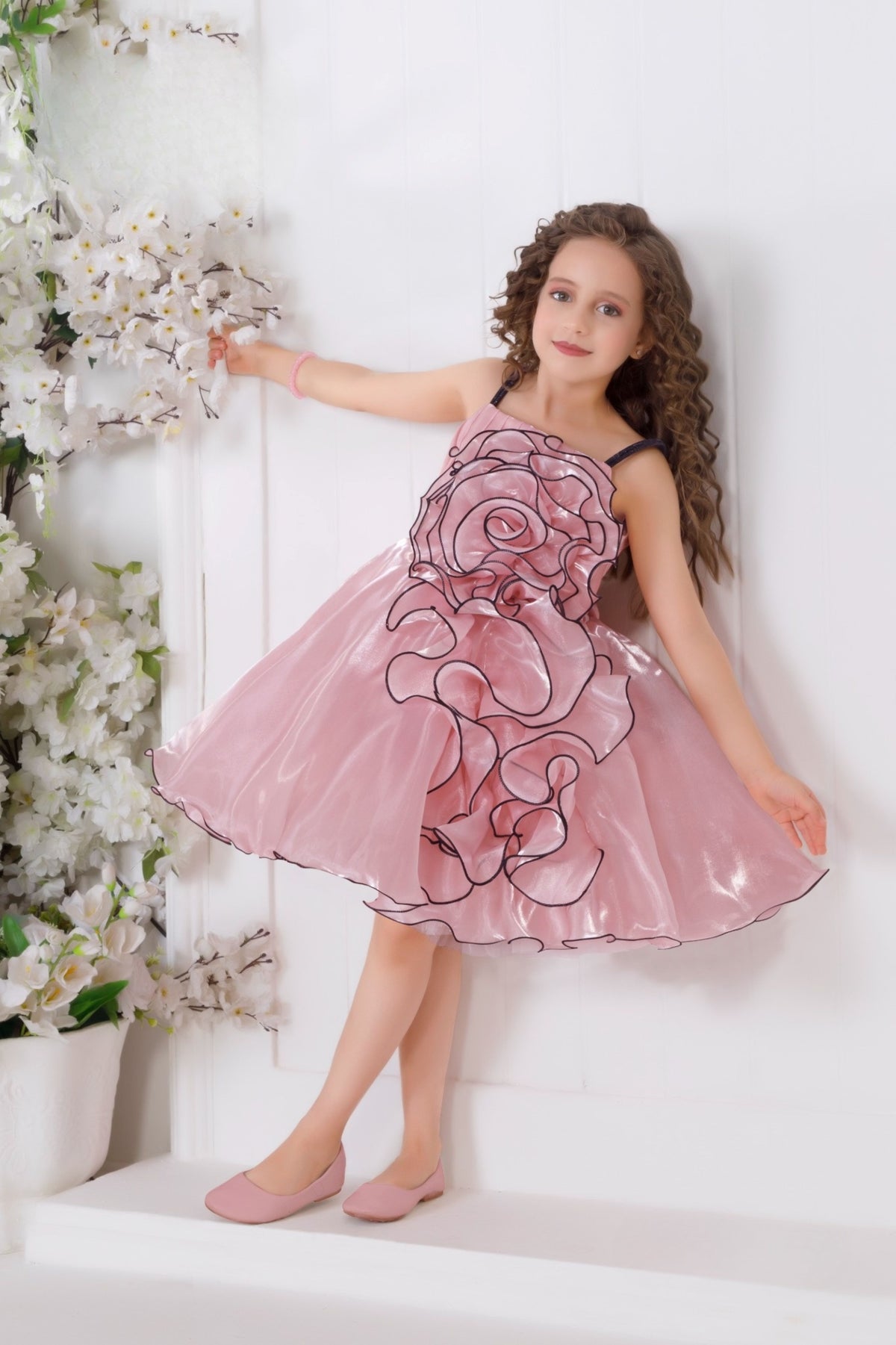 Peach Satin Swirl Designer Party Short frock
