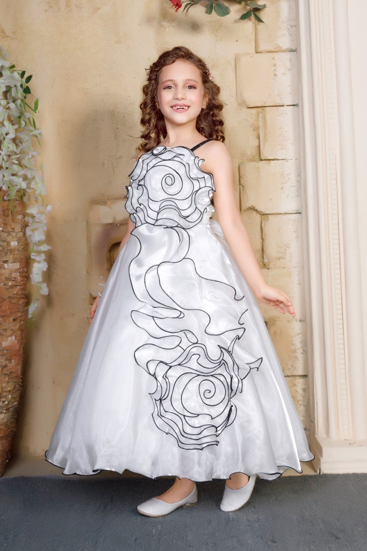 White Blush Swirl Designer Party Long Gown | Party Wear Kids Dress for Girls