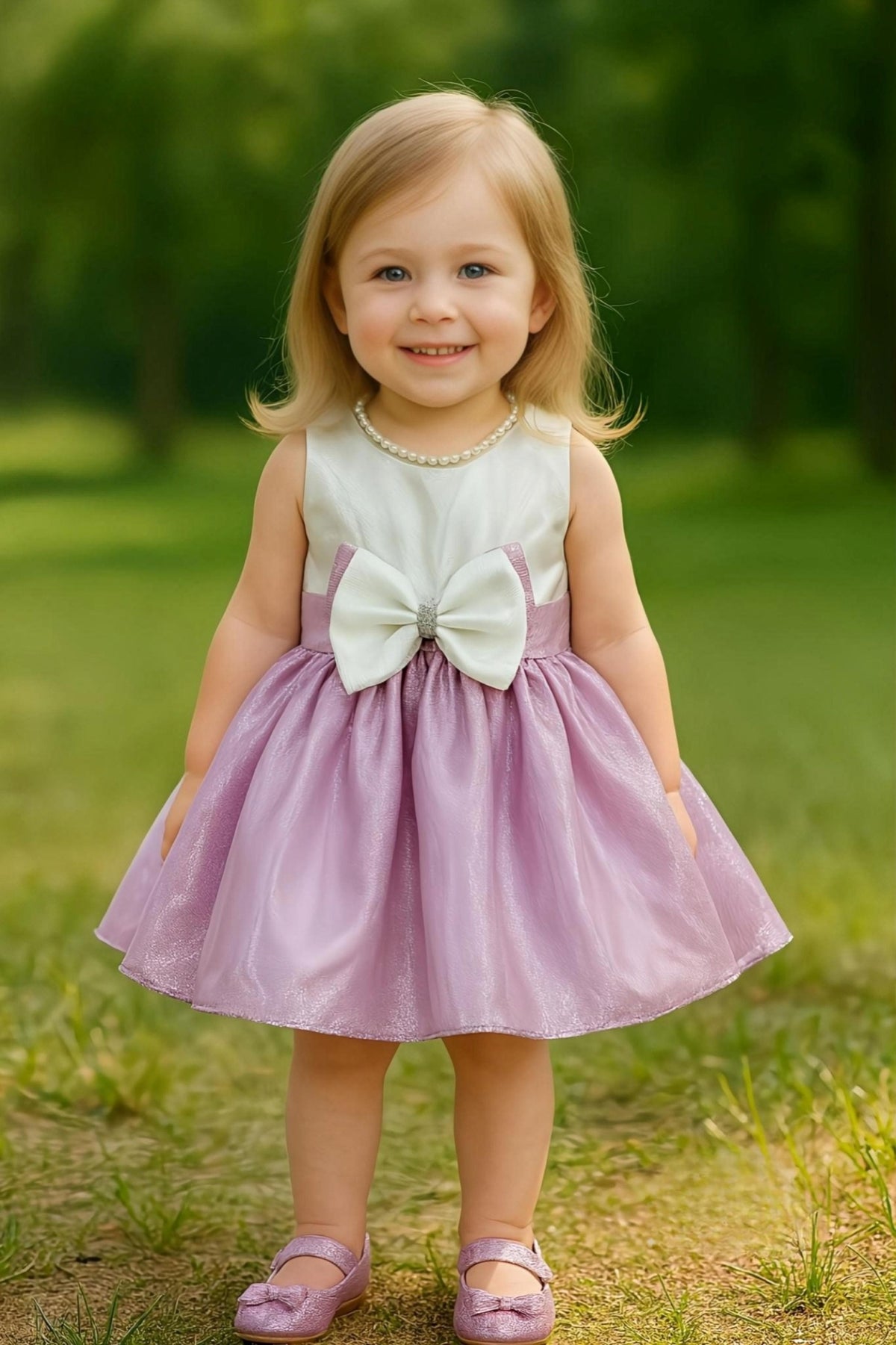 Purple Pearl Bow Designer Short Frock