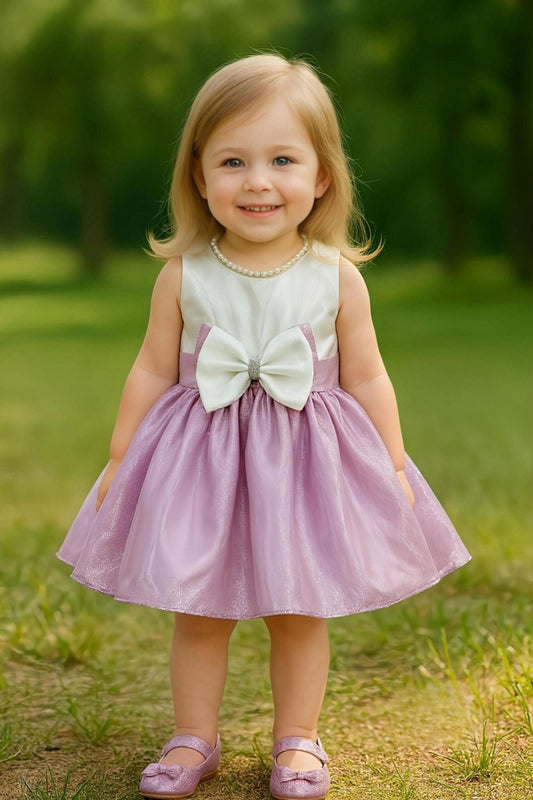 Purple Pearl Bow Designer Short Frock