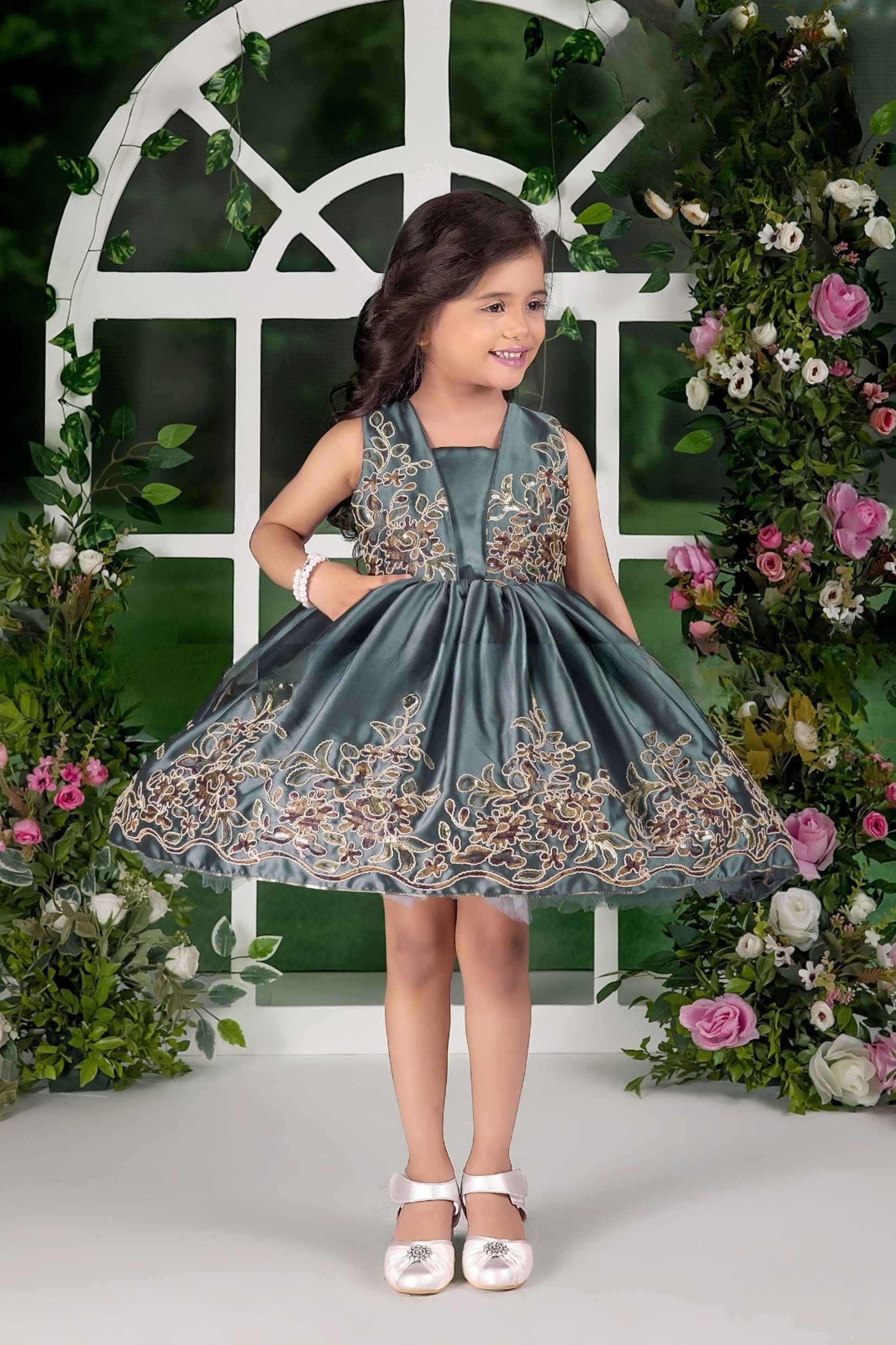 Emerald Mist Floral Threadwork Designer Short Frock