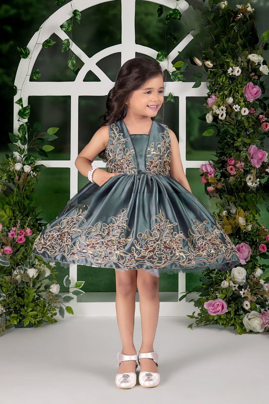 Emerald Mist Floral Threadwork Designer Short Frock