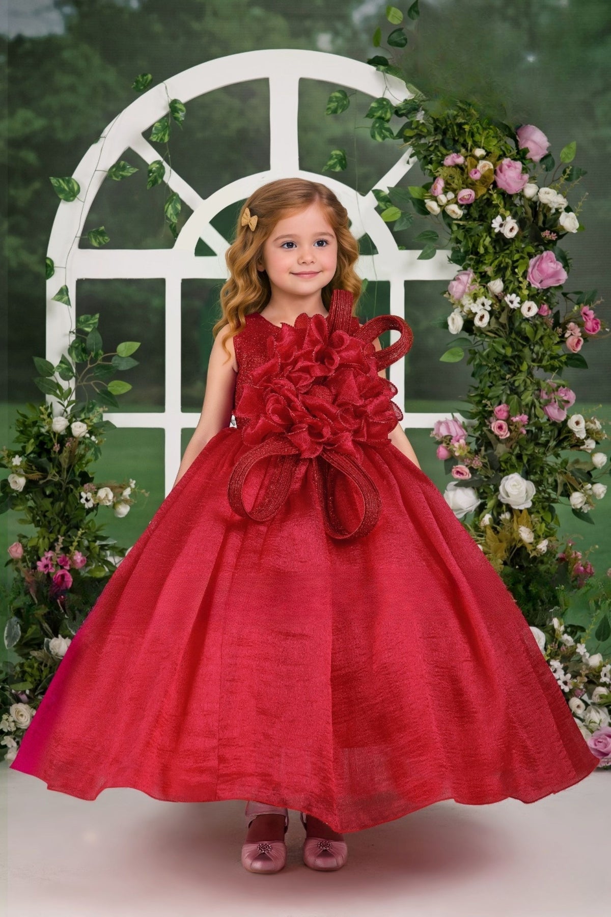 Ruby Red Couture Flower Bow Princess Gown | Party Wear Kids Dress for Girls