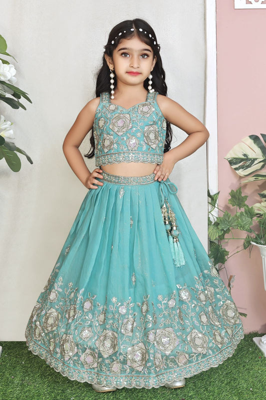 Blue Mist Heavy Embroidered Kids Lehenga Set
