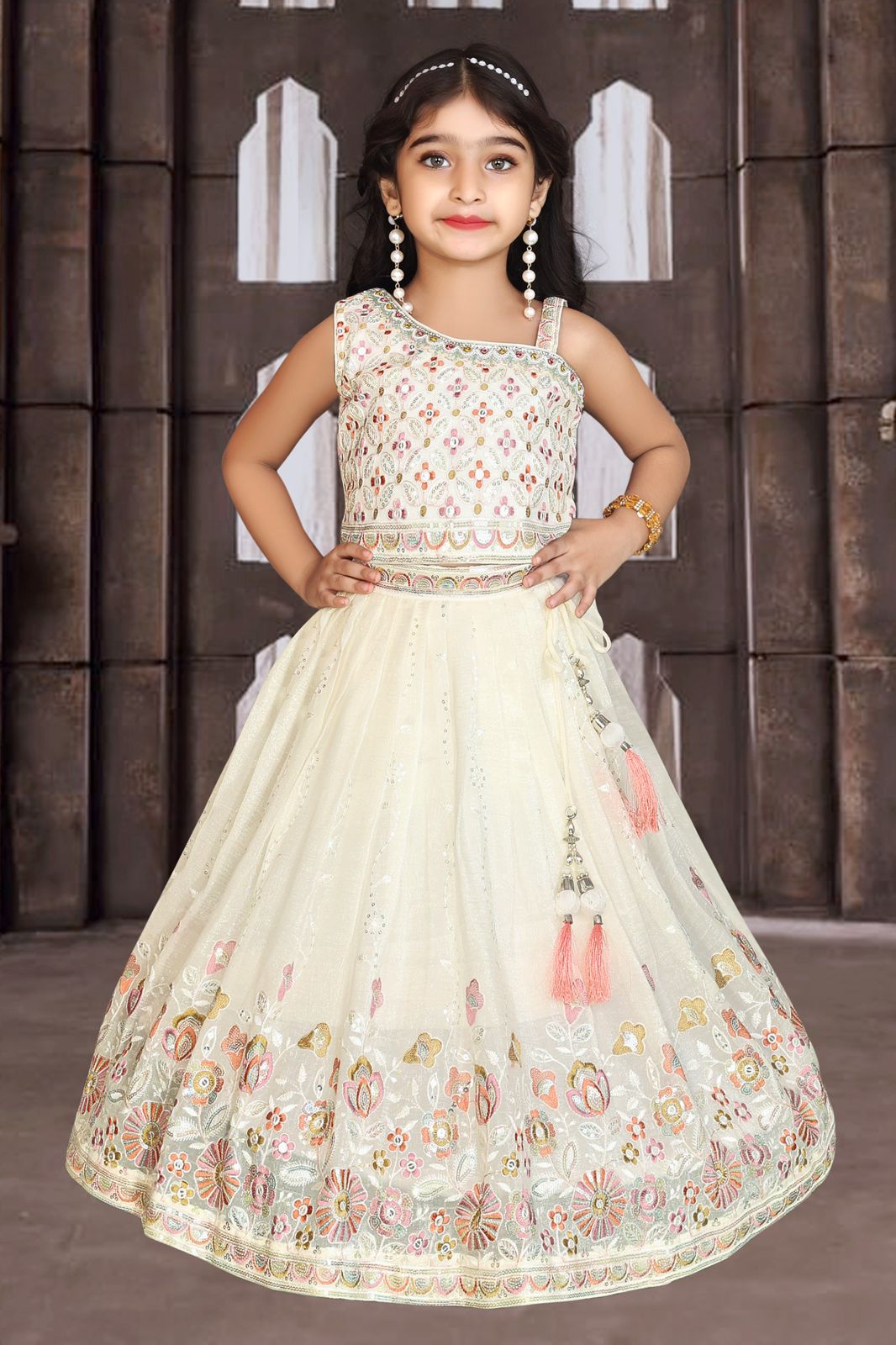 Pearl Cream Floral Handwork Kids Lehenga Ensemble