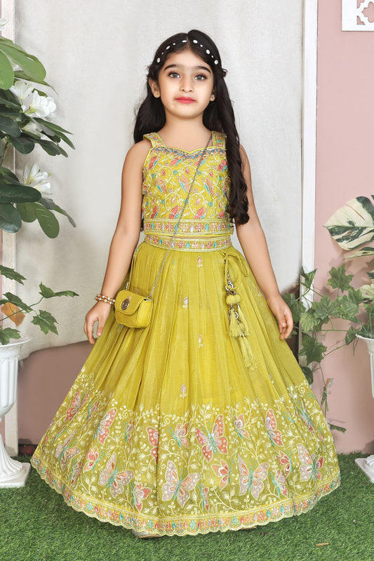 Yellow Gold Multicolour Threadwork Lehenga Set