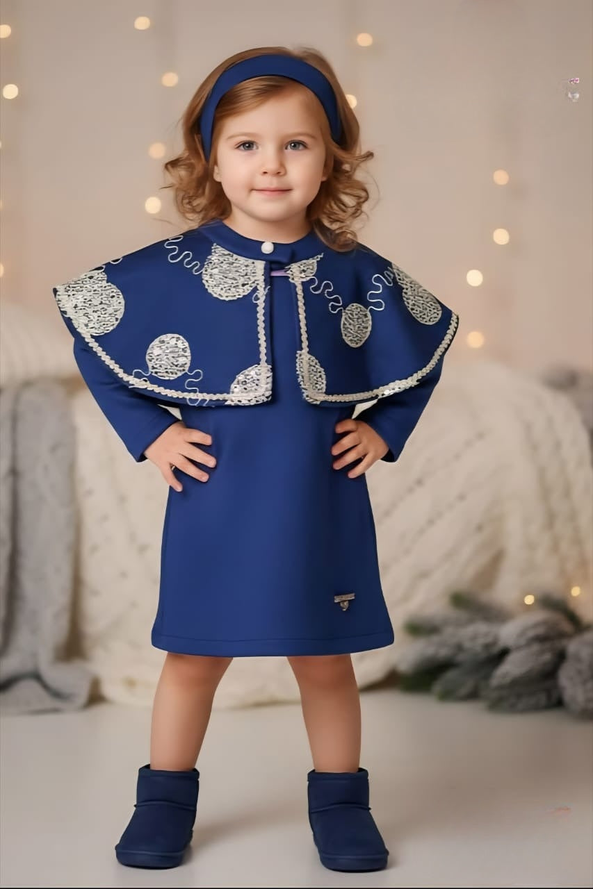 Sapphire Blue Designer Cape Dress | Party Wear Kids Dress for Girls
