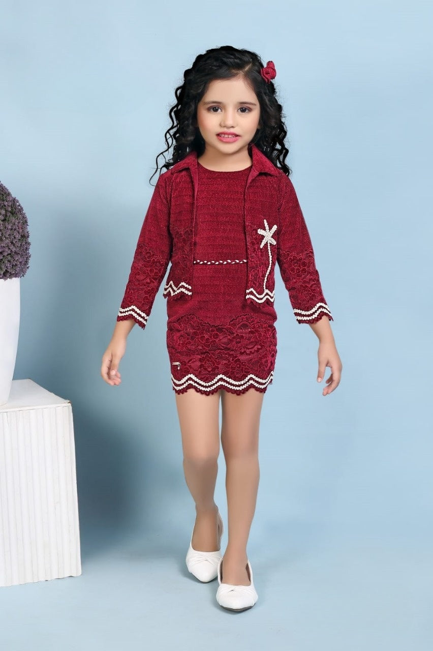 Imperial Maroon Winter Knit Dress Set | Party Wear Kids Dress for Girls
