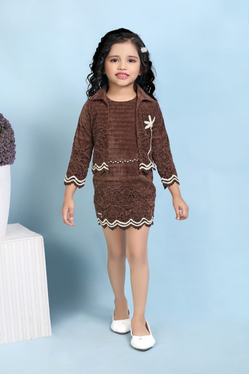 Imperial Brown Winter Knit Dress Set | Party Wear Kids Dress for Girls