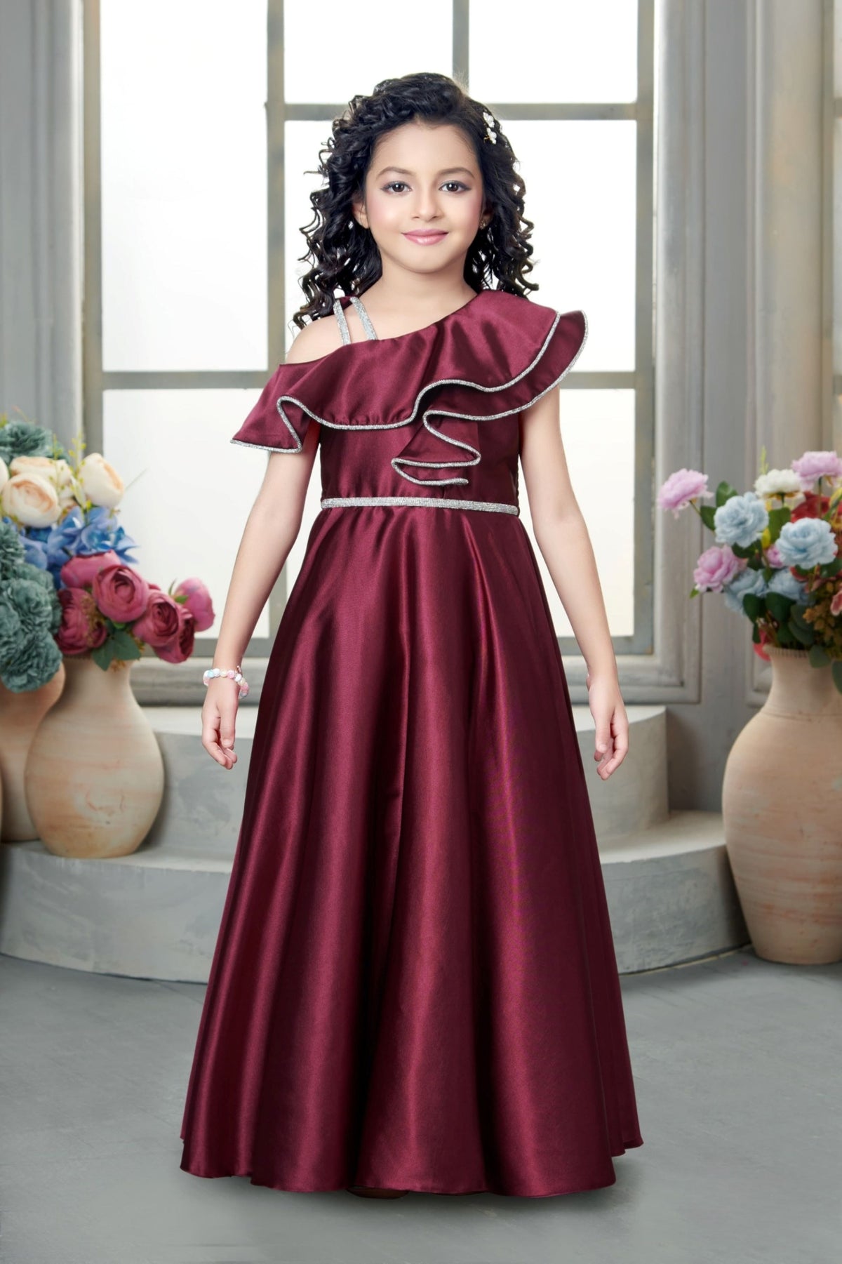 Royal Wine One-Shoulder Satin Long Gown