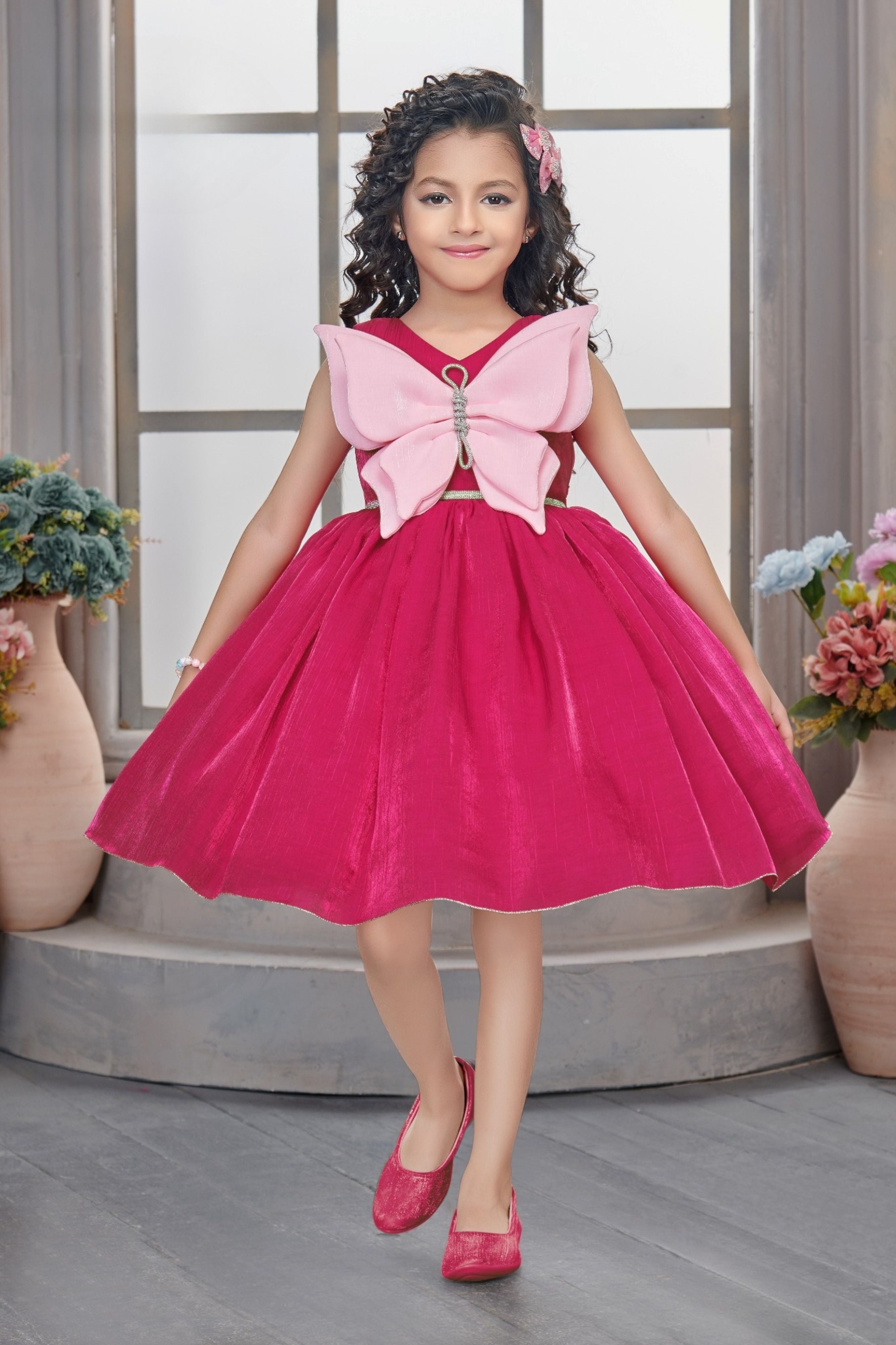 Rani Pink Butterfly Bow Party Short Frock | Party Wear Kids Dress for Girls