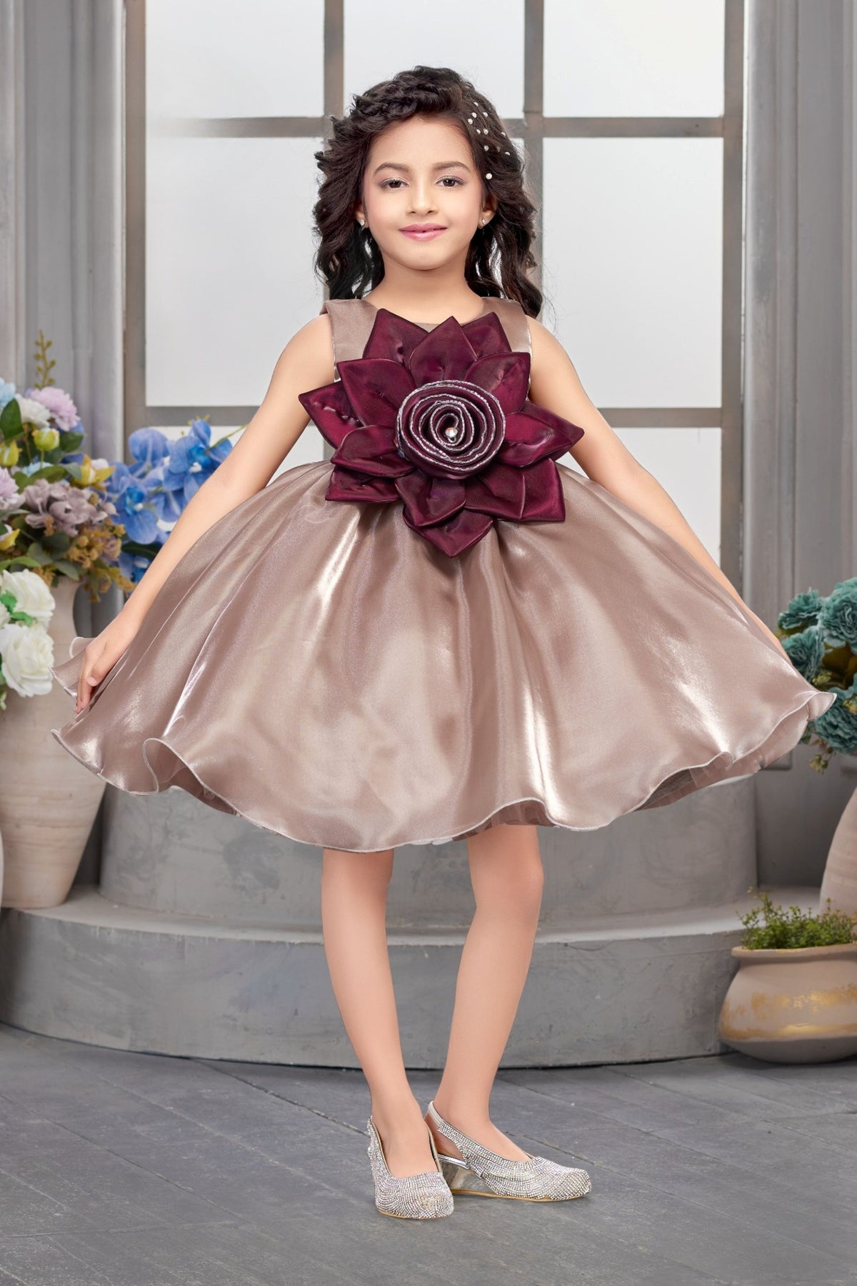Chikoo Beige Rosette Party Short Frock | Party Wear Kids Dress for Girls