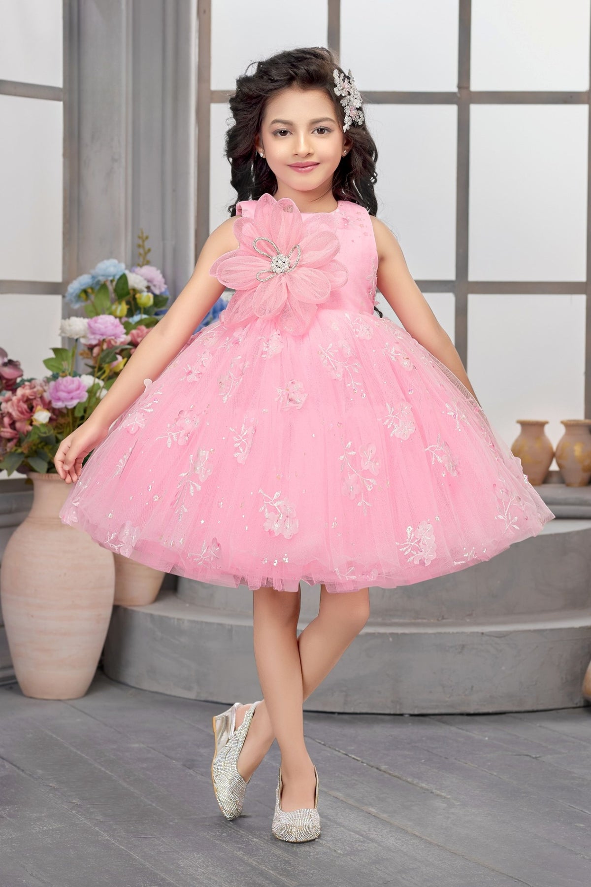 Blush Pink Floral Party Short Frock | Party Wear Kids Dress for Girls