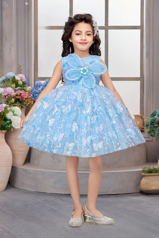 Powder Blue Floral Party Short Frock
