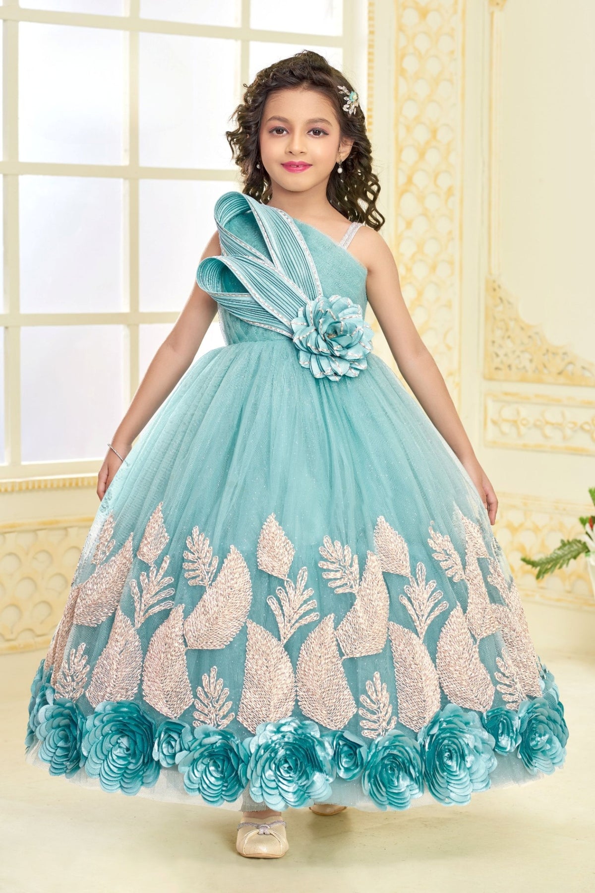 Sea Blue Rosette Party Long Gown | Party Wear Kids Dress for Girls