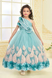 Sea Blue Rosette Party Long Gown | Party Wear Kids Dress for Girls