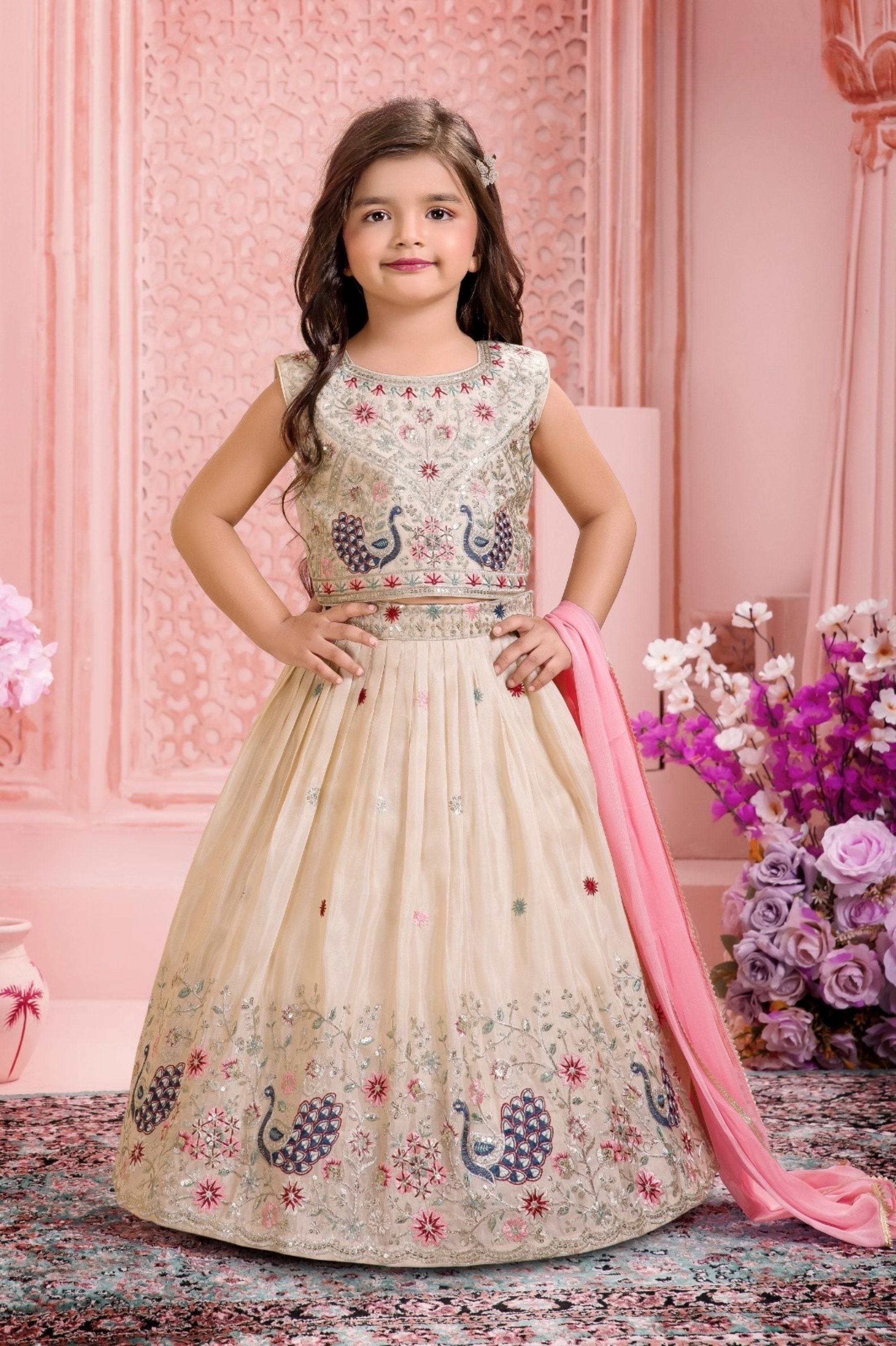 Ivory Cream Peacock Embroidered Lehenga Set | Kids Ethnic Wear for Girls