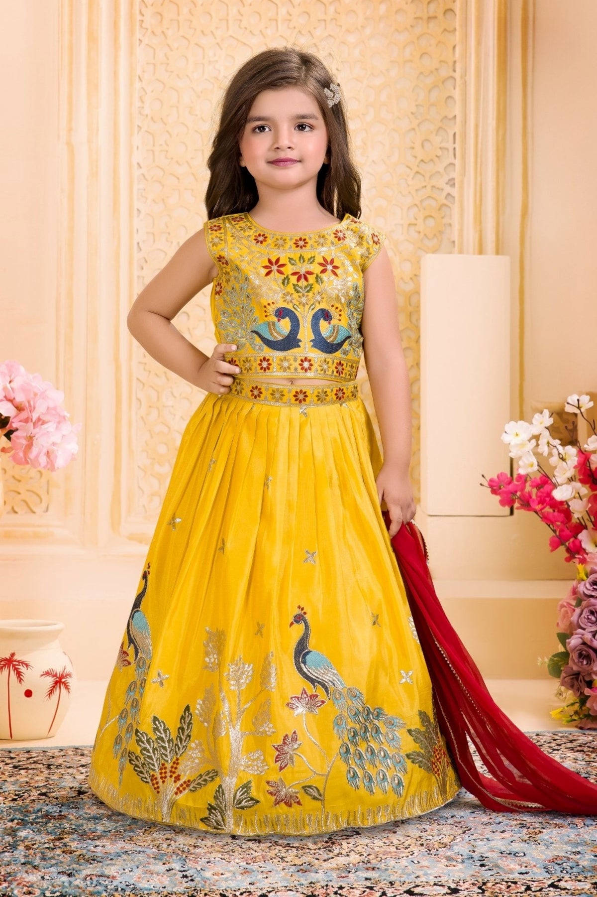 Mustard Yellow Peacock Embroidered Lehenga Set | Kids Ethnic Wear for Girls