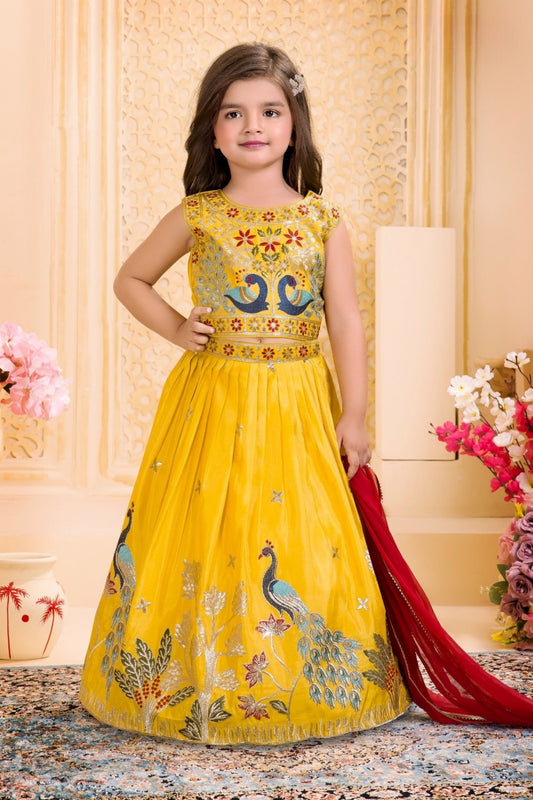 Mustard Yellow Peacock Embroidered Lehenga Set | Kids Ethnic Wear for Girls