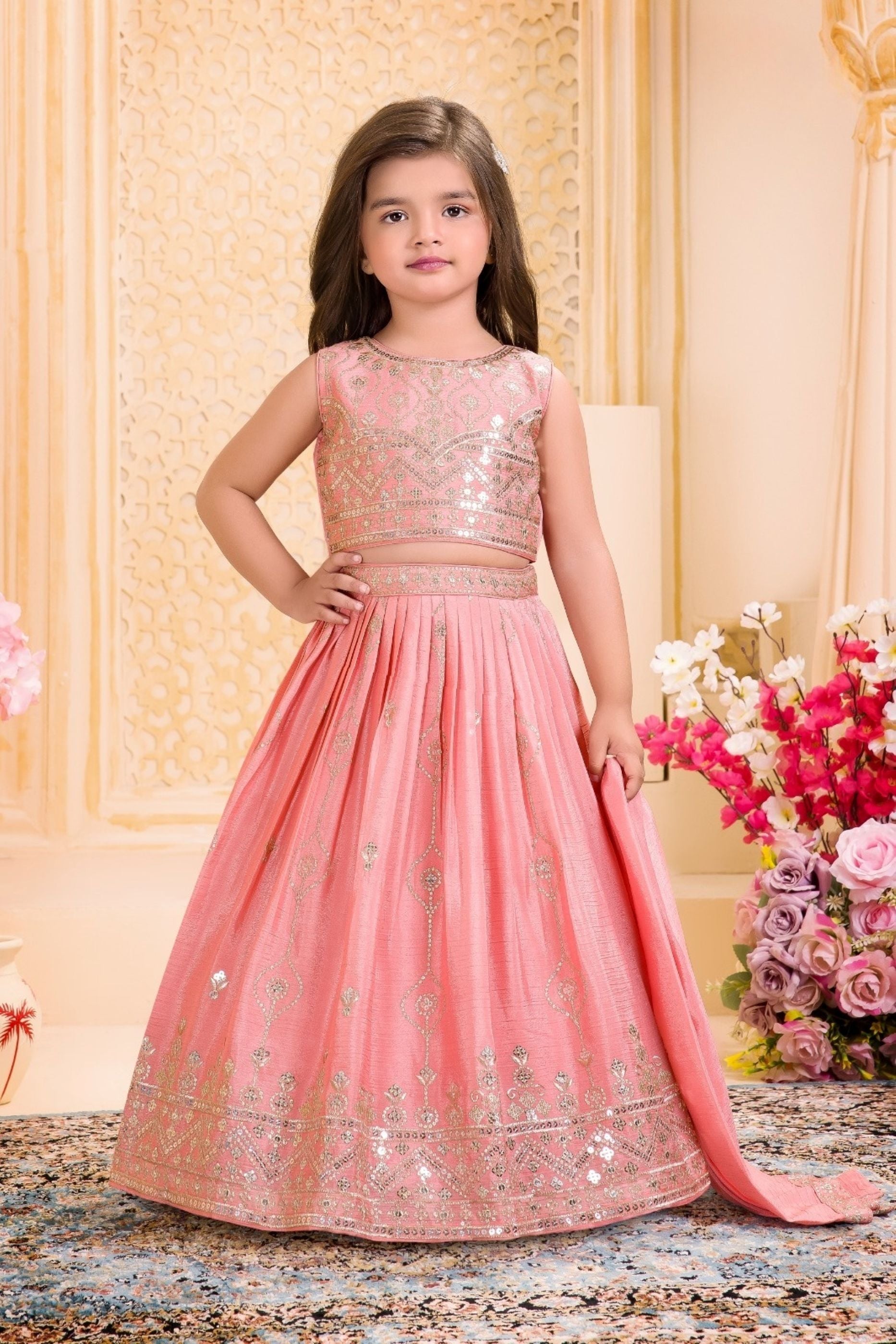 Blush Peach Embroidered Lehenga Set | Kids Ethnic Wear for Girls
