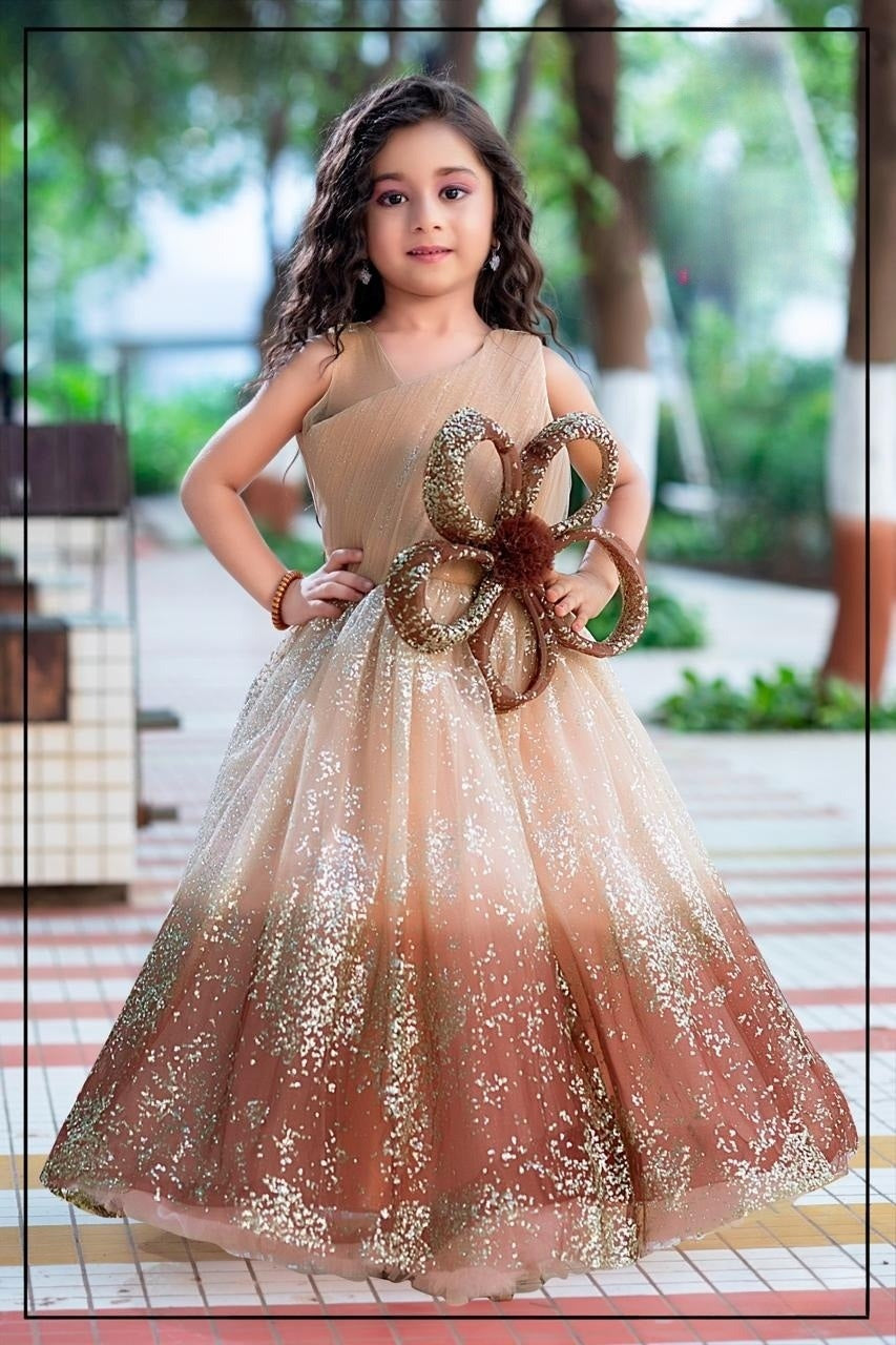 Champagne Gold Glitter Party Gown | Party Wear Kids Dress for Girls