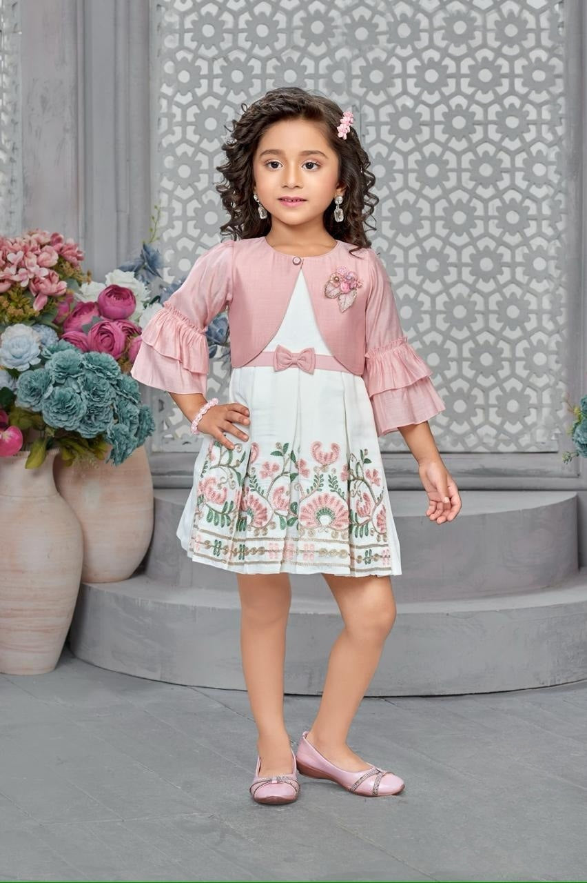 Blush Pink & Ivory Embroidered Party Short Frock | Party Wear Kids Dress for Girls