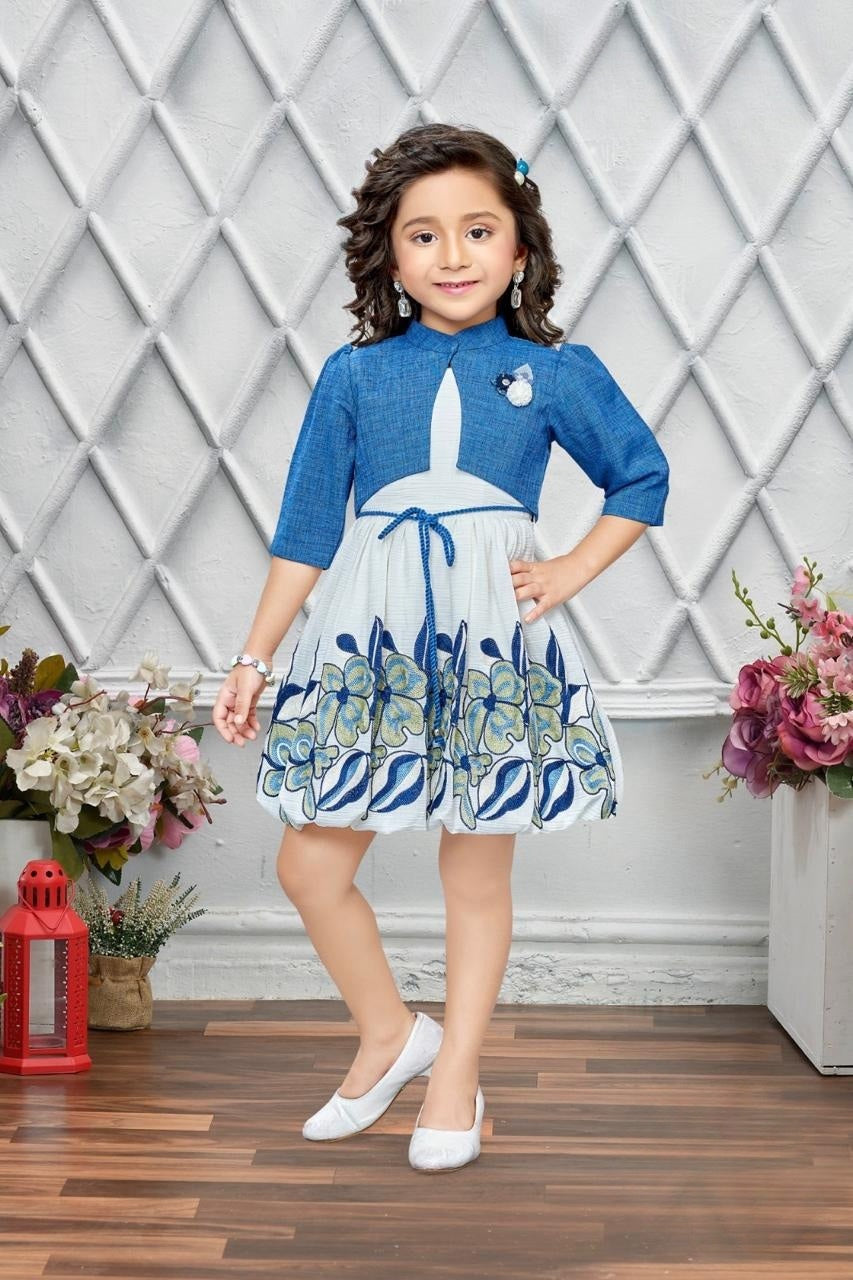 Denim Blue & Ivory Jacket Style Party Short Frock | Party Wear Kids Dress for Girls