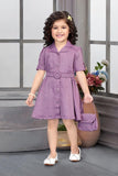 Dusty Lavender Belted Shirt Short Frock | Casual Wear Kids Dress for Girls