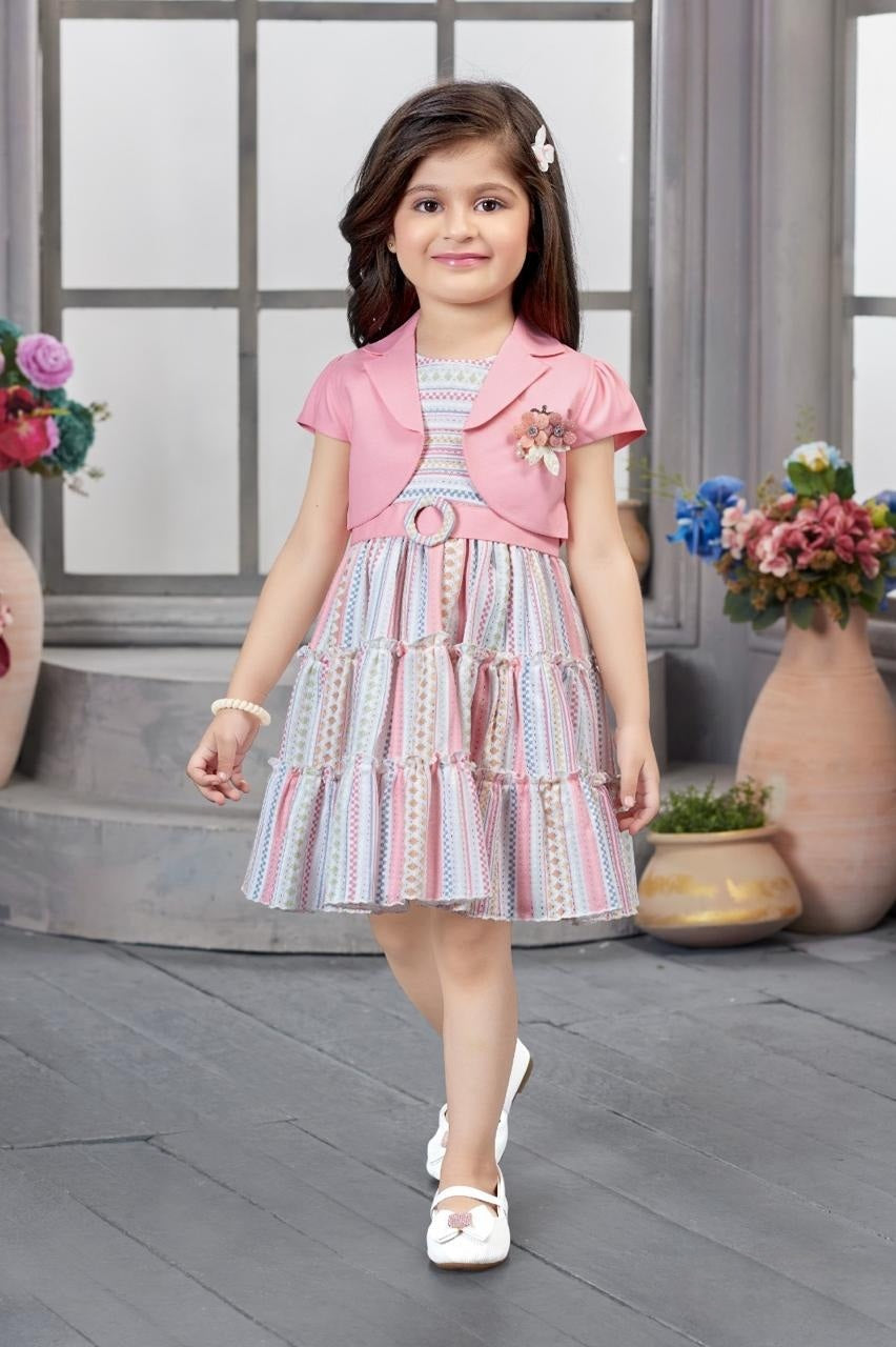 Blush Pink Striped Jacket Style Short Frock | Casual Wear Kids Dress for Girls