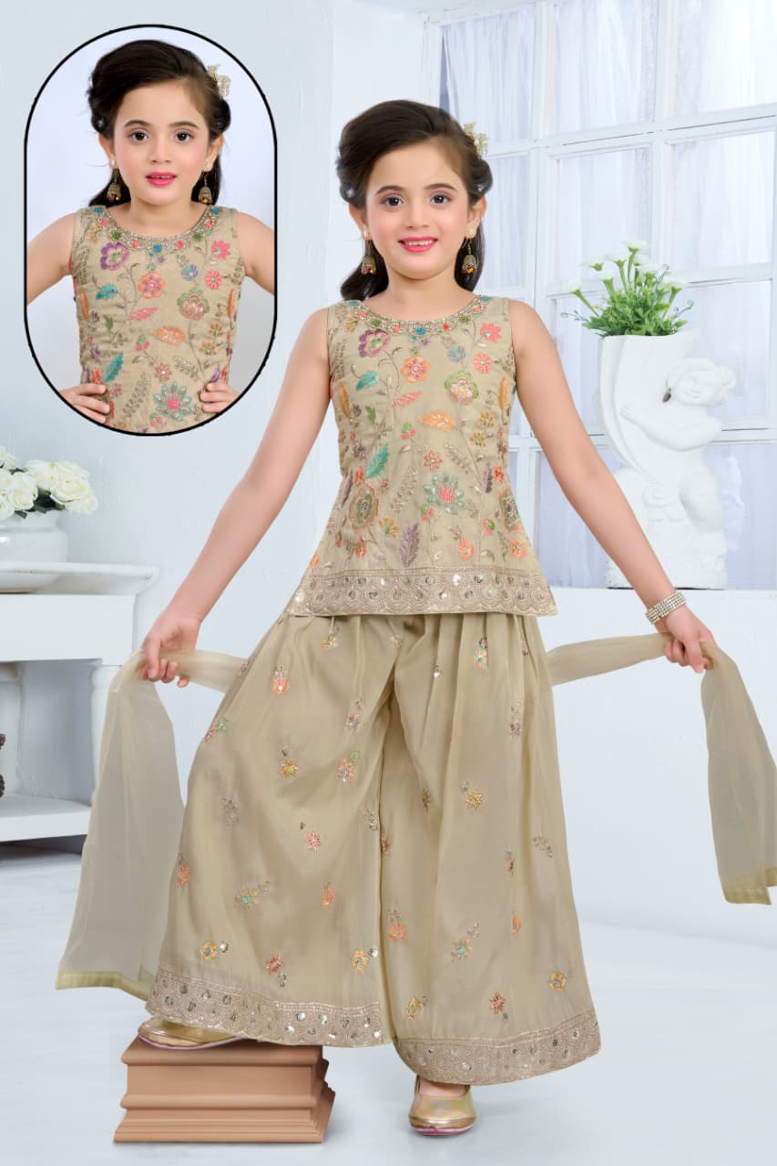 Antique Gold Embroidered Top & Sharara Set | Kids Ethnic Outfit for Girls