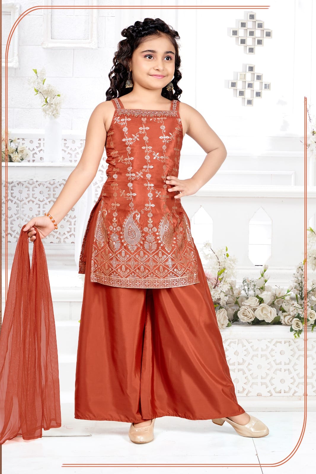 Rust Copper Embroidered Kurti Palazzo Set | Kids Ethnic Outfit for Girls
