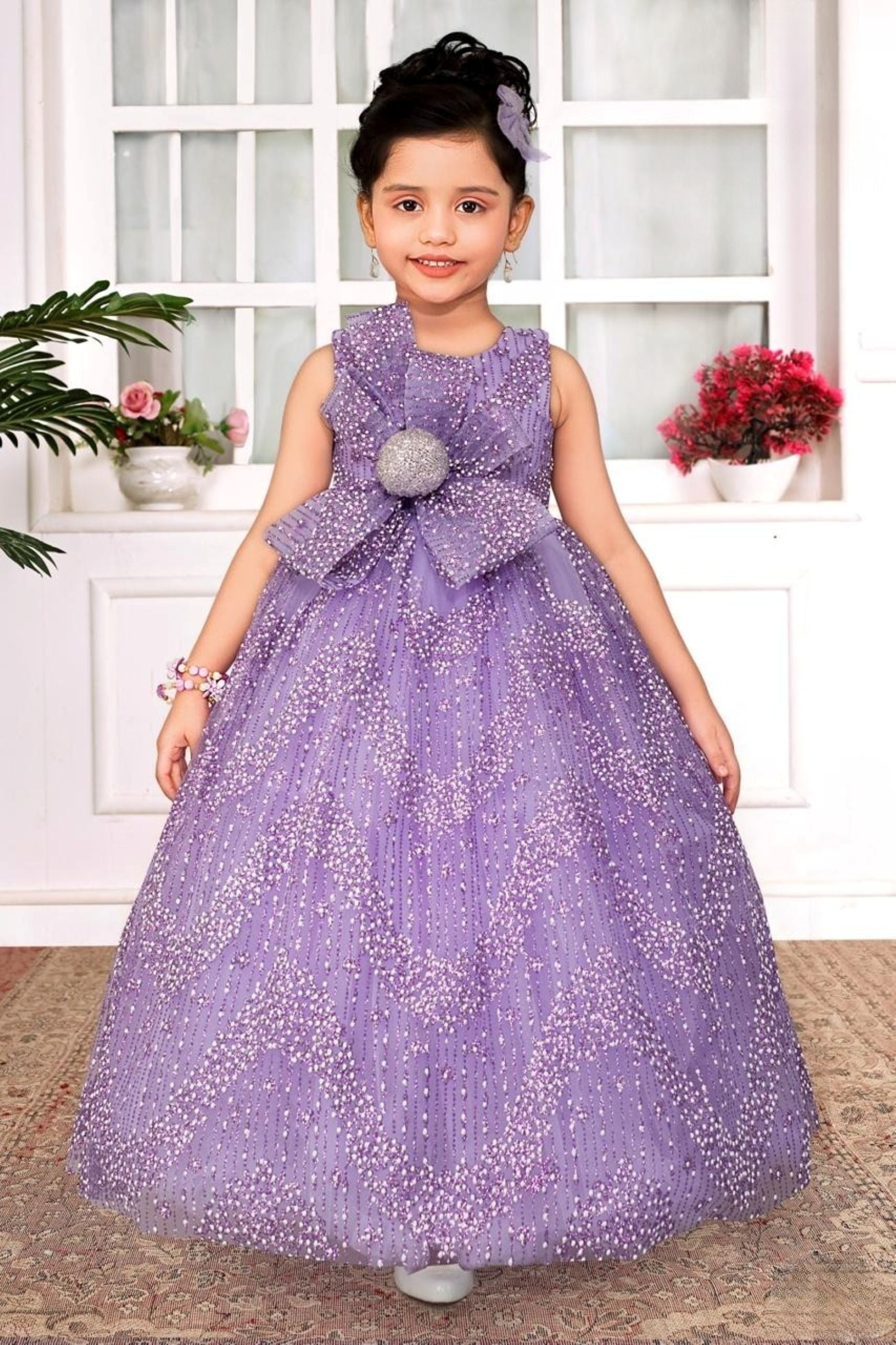 Lavender Lilac Glitter Party Gown | Party Wear Kids Dress for Girls